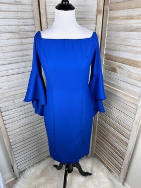 Womens Venus Royal Blue Off Shoulder Bell Sleeve Cocktail Dress Size 4